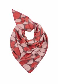 Écharpe à motifs présentant des dessins circulaires roses, rouges et gris. Fabriquée en tissu doux avec une forme triangulaire et un bord contrasté cousu.