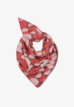 Mustered Schal mit pinken, roten und grauen Kreisdesigns. Hergestellt aus weichem Material, mit dreieckiger Form und kontrastierendem genähtem Rand.