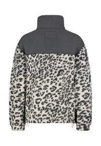 Leopard print pullover jacket in soft fleece with gray nylon yoke. Features high collar and elasticized cuffs with drawstring hem.