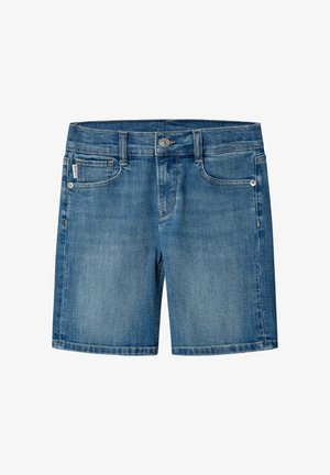 Modré rifľové šortky s predným gombíkom, očkami na opasok a prednými aj mincovými vreckami, zobrazené na bielom pozadí.