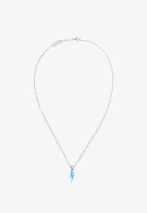Silberne Kettenhalskette mit einem blauen Blitzanhänger, glatte Oberfläche mit glänzendem Finish, minimalistisches Design und sicherem Verschluss.