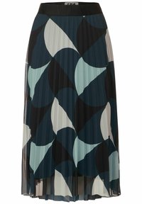 Gonna midi plissè con cintura elastica nera, caratterizzata da un motivo geometrico in tonalità di teal, azzurro chiaro e crema. Tessuto strutturato.