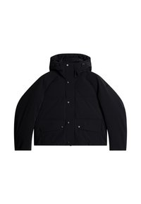 Svart vadderad jacka med huva, tryckknappar, två framfickor och en slät, vattenavvisande yta.