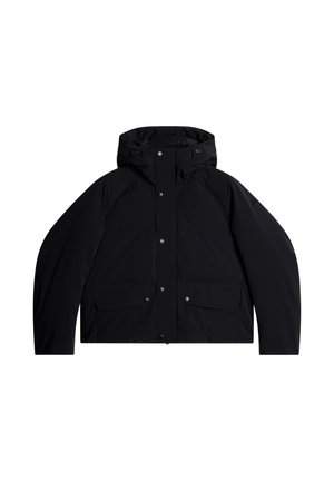 Sort polstret jakke med hætte, trykknapper, to frontlommer og en glat, vandafvisende overflade.