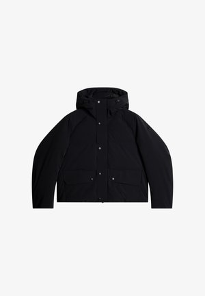 Sort polstret jakke med hætte, trykknapper, to frontlommer og en glat, vandafvisende overflade.