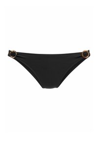 Črne bikini hlačke iz gladkega materiala, s krožnimi zlatimi poudarki na vsaki strani in klasičnim krojem.