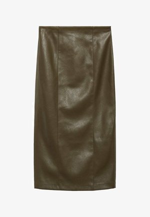 Olivnozeleni umetni usnjeni svinčnik krilo z gladko teksturo, do kolen, ki ima vertikalne šive za prilagojen videz.