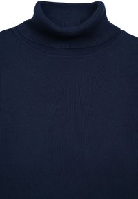 Dunkelblauer, gerippter Strickpullover mit Rollkragen, dickem umgeschlagenem Kragen und glatter Textur.