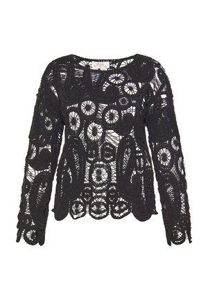 Black long-sleeve lace top featuring intricate swirls and circular patterns. A loose fit with a round neckline and sheer texture throughout.