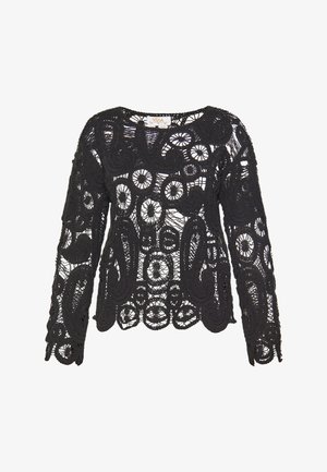 Sort langærmet bluse med blonder, der har indviklede swirl- og cirkelmønstre. Løs pasform med rund halsudskæring og gennemsigtig struktur hele vejen igennem.