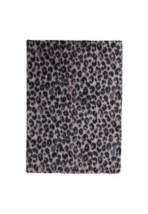Plaid in pelliccia di leopardo in grigio e nero, caratterizzato da una morbida texture con bordi frangiati, forma quadrata e un denso motivo animale.