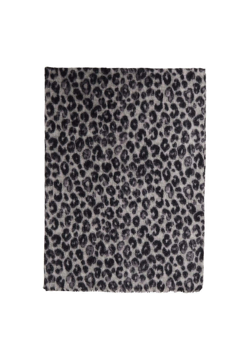 Plaid in pelliccia di leopardo in grigio e nero, caratterizzato da una morbida texture con bordi frangiati, forma quadrata e un denso motivo animale.