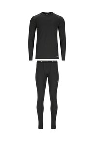 Black long-sleeve thermal shirt and matching leggings, made from smooth, stretchy fabric. Features a fitted design and subtle brand logo.