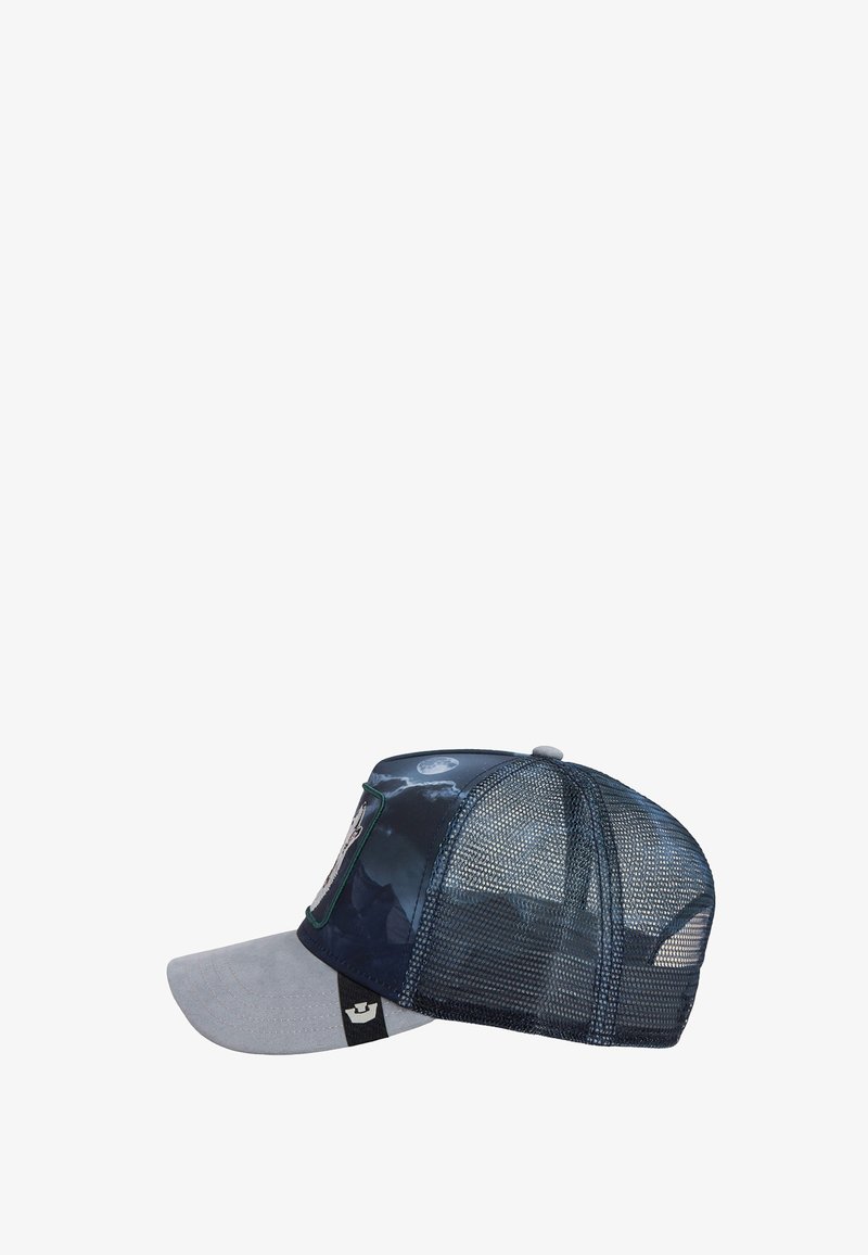 Casquette de camionneur bleu foncé et grise avec dos en maille, visière grise en daim, et un patch avec un motif graphique sur le panneau avant.