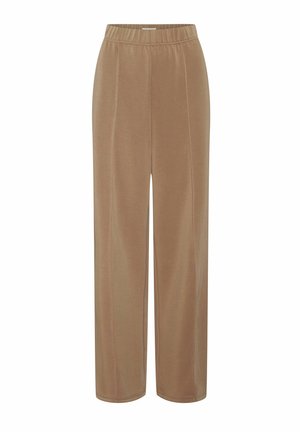 Beżowe spodnie z wysokim stanem, szerokimi nogawkami, elastycznym pasem i pionowymi szwami na przodzie na białym tle.