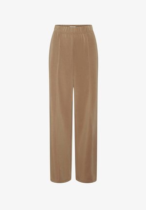 Beżowe spodnie z wysokim stanem, szerokimi nogawkami, elastycznym pasem i pionowymi szwami na przodzie na białym tle.