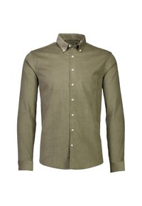 Olijfgroene overhemd met lange mouwen en knoopsluiting, gemaakt van een gestructureerde stof, met een spread collar en witte knopen aan de voorkant.