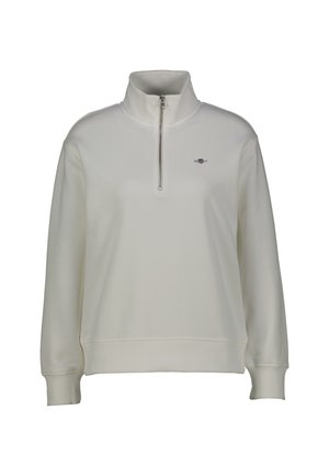 White, quarter-zip sweatshirt. Soft, smooth fabric with long sleeves and ribbed cuffs. Features a small logo on the left chest.