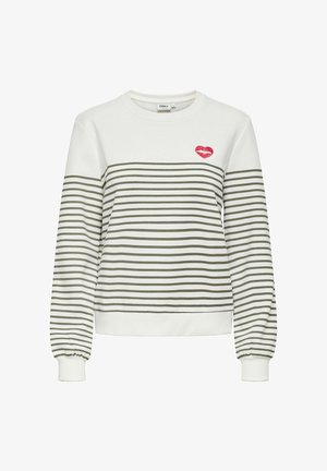 Valgest ja oliivrohelisest triibulisest kangast pikkade varrukatega dressipluus ümmarguse kaelusega ning punase huuleprindiga rinnal. Pehme kangas elastsete mansettidega.