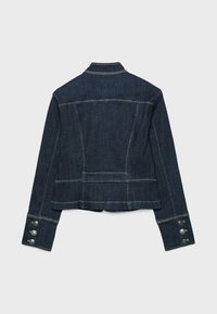 Dark blue denim jacket back view with contrast stitching, long sleeves, buttoned cuffs, and a short, fitted cut.