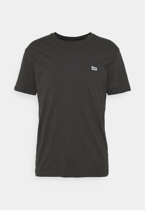 Black short-sleeve T-shirt made of cotton, featuring a crew neckline and a small white logo on the left chest area.