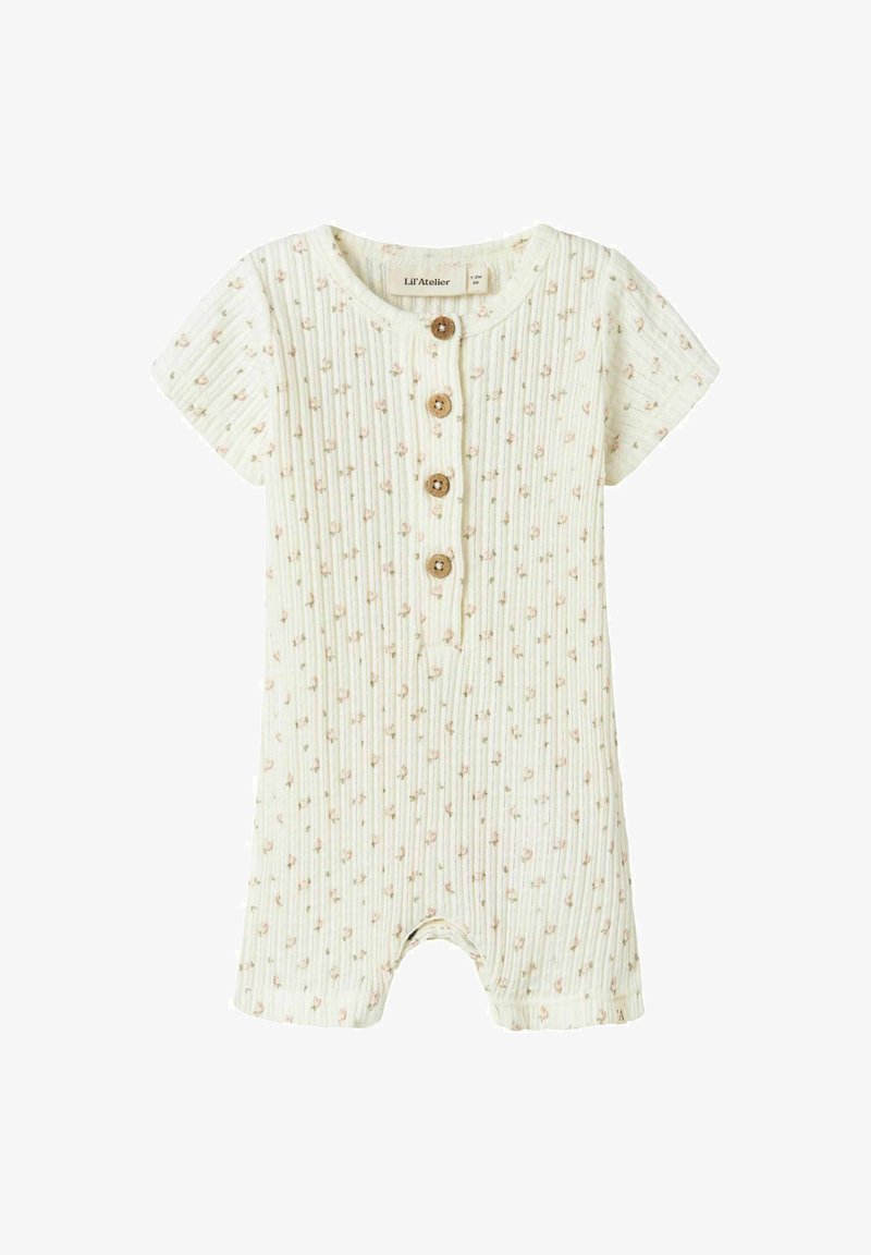 Hellgrüner Kurzarm-Body mit geripptem Design, verziert mit pinken Blumenmustern, einem runden Halsauschnitt und vier Holzknöpfen auf der Vorderseite.