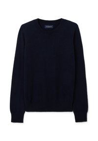 Marineblaue Rundhalsausschnitt-Wolljacke aus weichem Strickmaterial mit langen Ärmeln sowie gerippten Bündchen und Saum. Minimalistisches Design, ohne Muster oder Akzente.