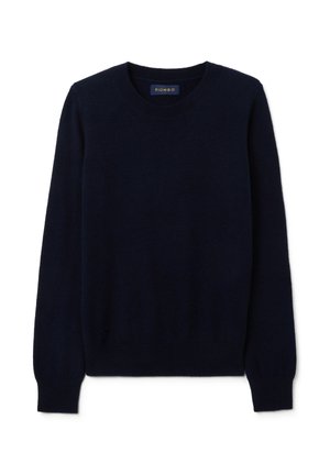 Suéter de cuello redondo azul marino hecho de suave tela de punto, con mangas largas y puños y dobladillo de canalé. Diseño minimalista, sin patrones ni acentos.