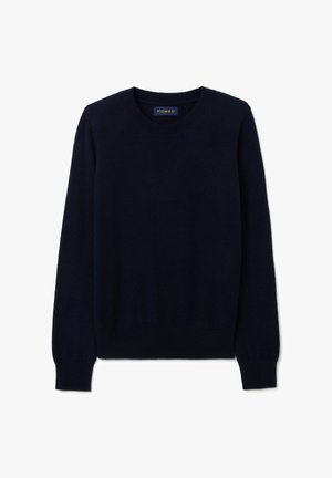 Pull ras du cou bleu marine en tricot doux, avec des manches longues et des poignets et un ourlet côtelés. Design minimaliste, sans motifs ni accents.