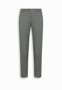 Pantalones de vestir grises para hombre, ajustados, con cierre de botón y trabillas para cinturón, presentados extendidos sobre un fondo blanco.