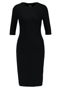 Svart knälång klänning med rund halsringning och halvärmar. Tillverkad av ett mjukt, töjbart tyg har den en figursydd silhuett.