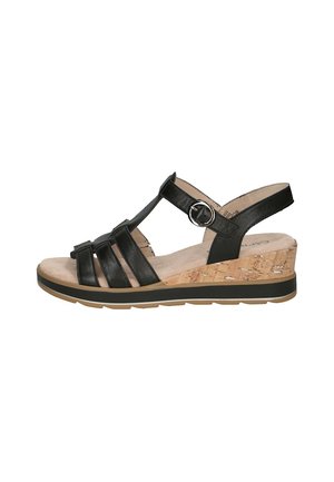 Sandali wedge neri con suola in sughero e gomma, multiple cinghie in pelle e chiusura con fibbia. Texture liscia con una leggera soletta.
