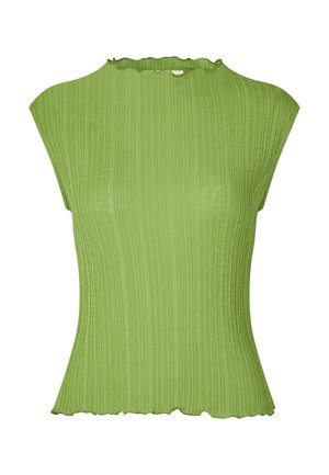 Haut vert à côtes avec un col montant et des manches courtes. Le tissu présente une finition texturée, légèrement transparente, avec un ourlet à volants.
