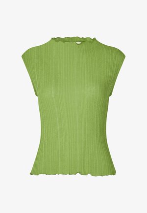 Top verde acanalado con un cuello alto y mangas cortas. La tela presenta un acabado texturizado, ligeramente transparente, con un dobladillo en forma de ondas.