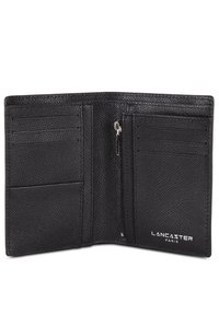 Black leather wallet with textured finish. Features multiple card slots and a zippered compartment for cash or coins. Brand logo visible.
