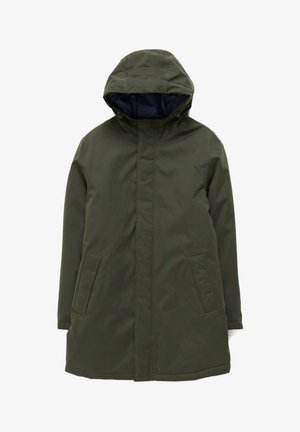 Olive zaļš parkas jaka ar kapuci, ar rāvējslēdzēja aizdari, sānu kabatām un gludu tekstūru. Iekšējā oderes krāsa ir tumši zila.