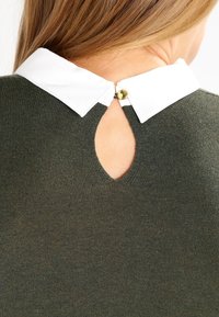 Olivgrön stickad tröja med vit krage, en nyckelhålsutskärning på baksidan och en guldknappstängning som detalj.