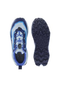 Lichtblauwe en donkerblauwe trailrunningschoenen, waarvan de ene de bovenkant met snelveters toont en de andere de gestructureerde zool voor grip laat zien.