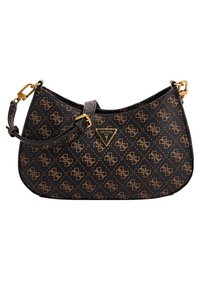 Musta synteettinen käsilaukku, jossa on ruskea monogrammikuosi, kullatut yksityiskohdat ja kolmion muotoinen logoleima. Mukana säädettävä olkahihna.