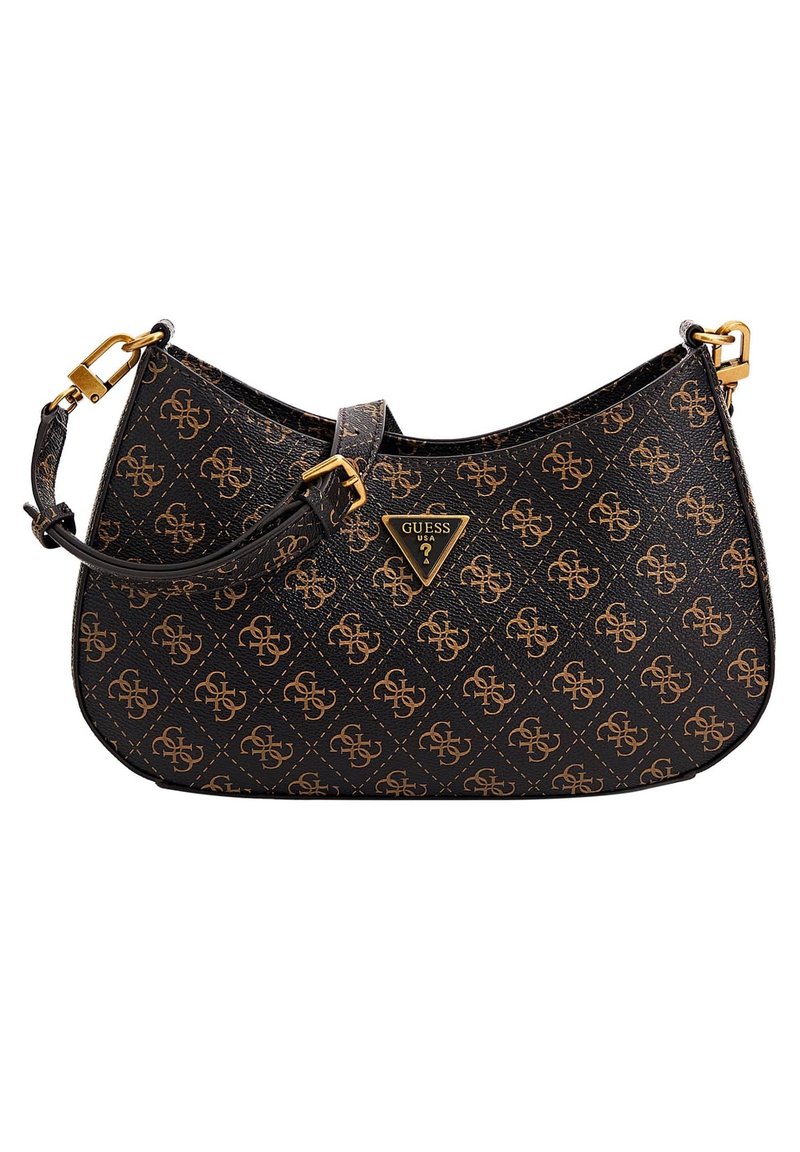 Musta synteettinen käsilaukku, jossa on ruskea monogrammikuosi, kullatut yksityiskohdat ja kolmion muotoinen logoleima. Mukana säädettävä olkahihna.