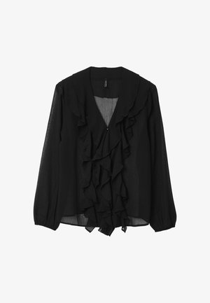 Blusa in chiffon nero con scollo a V profondo con volant sul davanti, maniche lunghe con polsini elasticizzati e chiusura con bottone al collo.