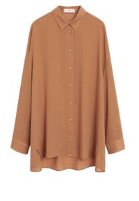 Chemise marron à manches longues avec boutons, en tissu lisse, dotée d'un col pointu et d'un ourlet arrière légèrement plus long ; comprend des fentes latérales.