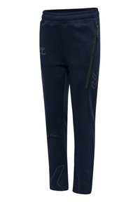 Marineblaue Sporthosen mit elastischem Bund, seitlichen Reißverschlusstaschen und dezenten schwarzen Chevron- und Bienenlogo-Details.