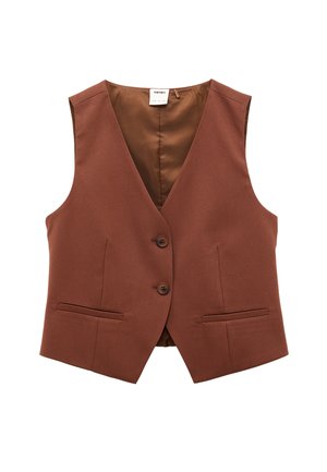 Brun ærmeløs vest med to knapper og forlommer, der har V-hals og glat inderfor.