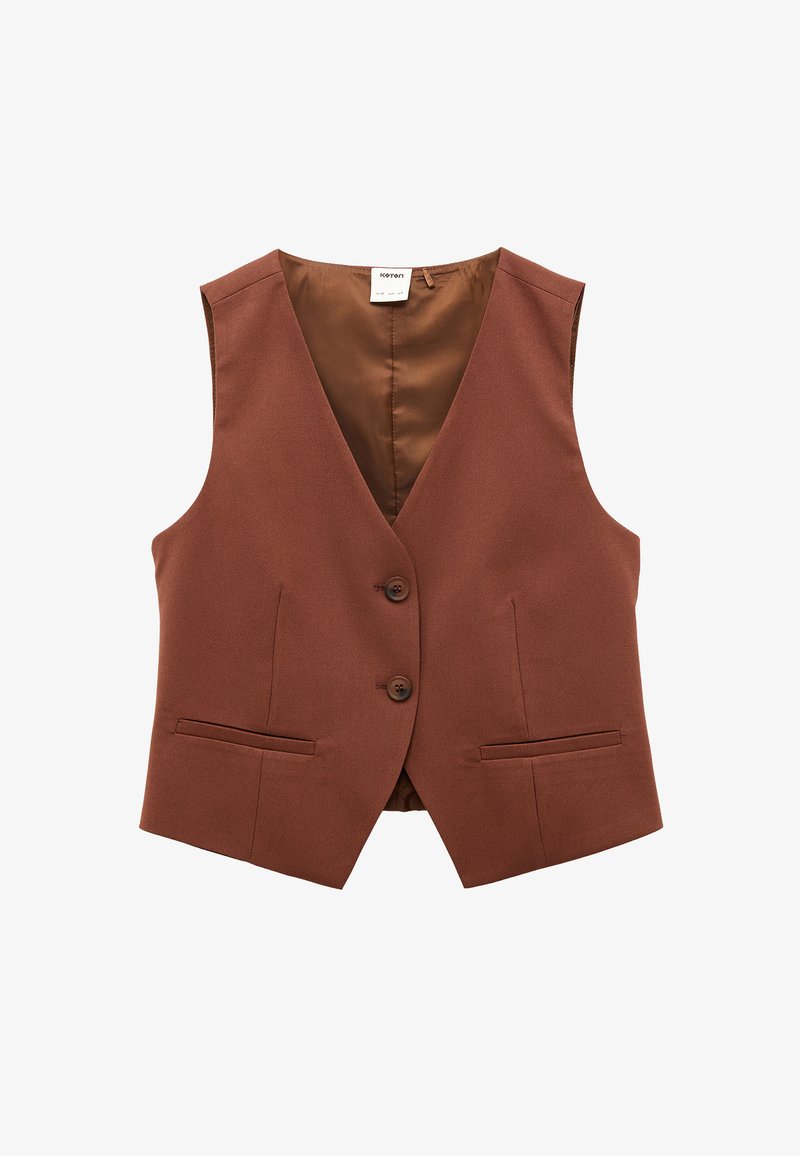 Brun ærmeløs vest med to knapper og forlommer, der har V-hals og glat inderfor.