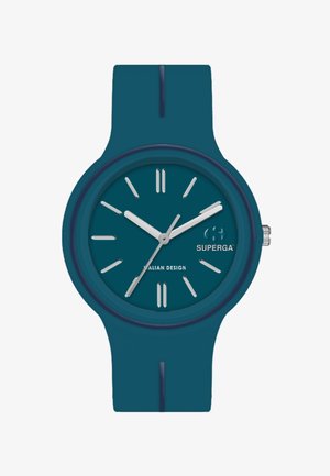 Mėlynas silikoninis laikrodis su apvaliu ciferblatu, sidabriniais valandų žymekliais ir rodyklėmis. Ant ciferblato matoma "Superga" prekės ženklo žyma ir "Italų dizainas" tekstas.
