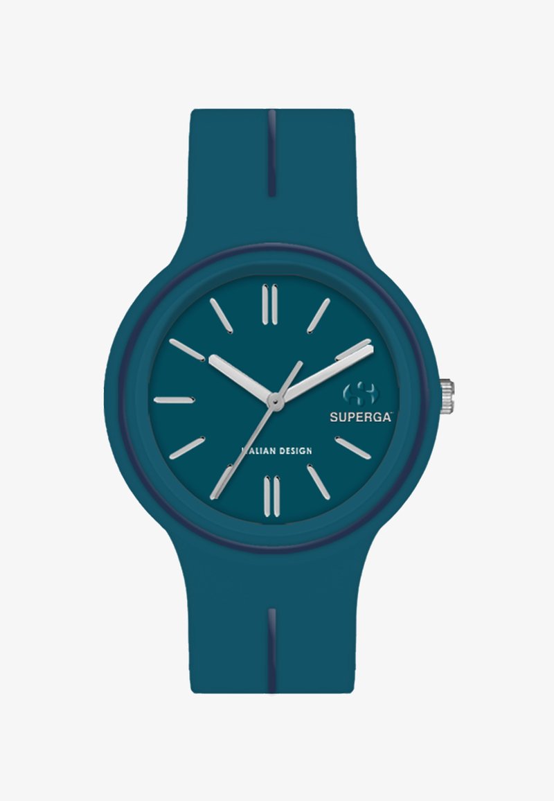 Tükk roheline silikoonkell ümmarguse kellakuuega, hõbedaste tunniindikaatorite ja kätega. Kellakuul on "Superga" brändi nimi ja tekst "Itaalia disain".