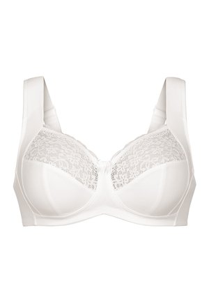 Weißer BH mit einem oberen Teil aus Spitze, glatten unteren Cups, breiten verstellbaren Trägern und einem kleinen Satin-Schleifchen in der Mitte.