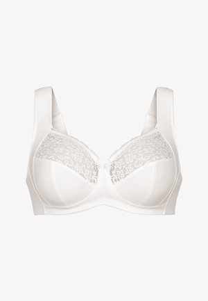 Weißer BH mit einem oberen Teil aus Spitze, glatten unteren Cups, breiten verstellbaren Trägern und einem kleinen Satin-Schleifchen in der Mitte.