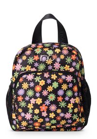 Zwarte bloemenrugzak met multicolore bloemen, met een voorvak met rits, gaas zijvakken en gewatteerde verstelbare schouderbanden.